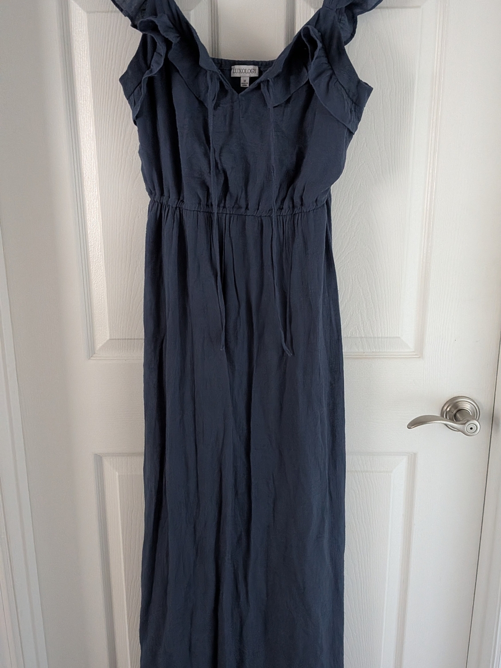 Luxology Slate Blue Ruffle Maxi Dress Size M Rayon Blend